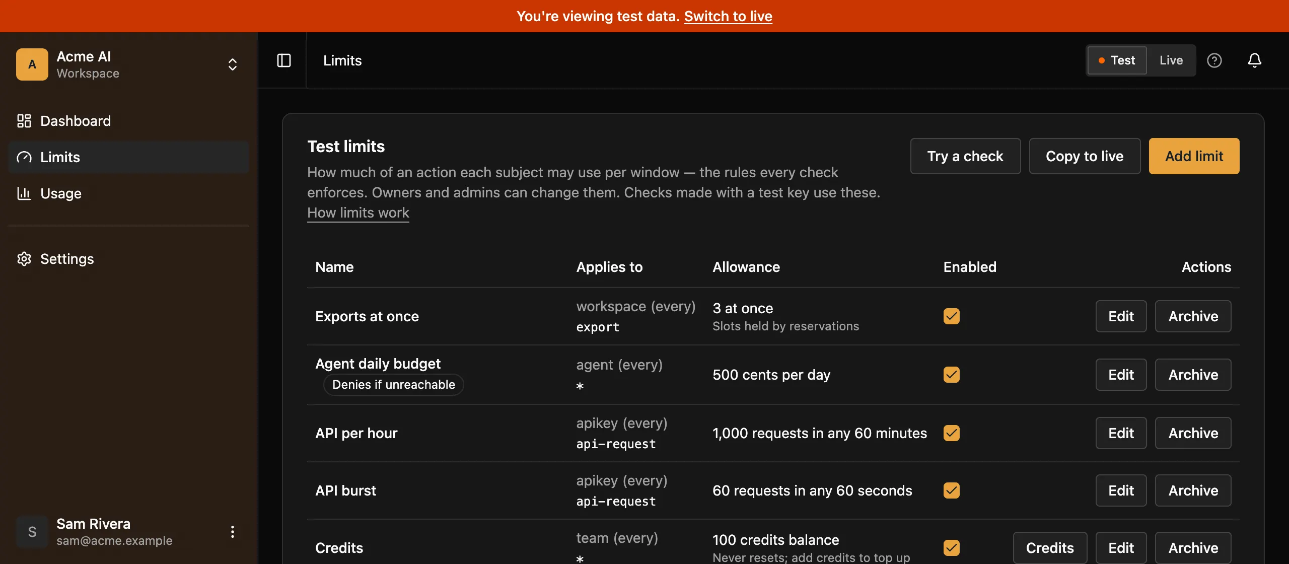 The Limits page in test: an orange bar across the top reads You're viewing test data with a Switch to live link, the toggle at the top right has Test selected, and the Test limits card has Copy to live and Add limit buttons.