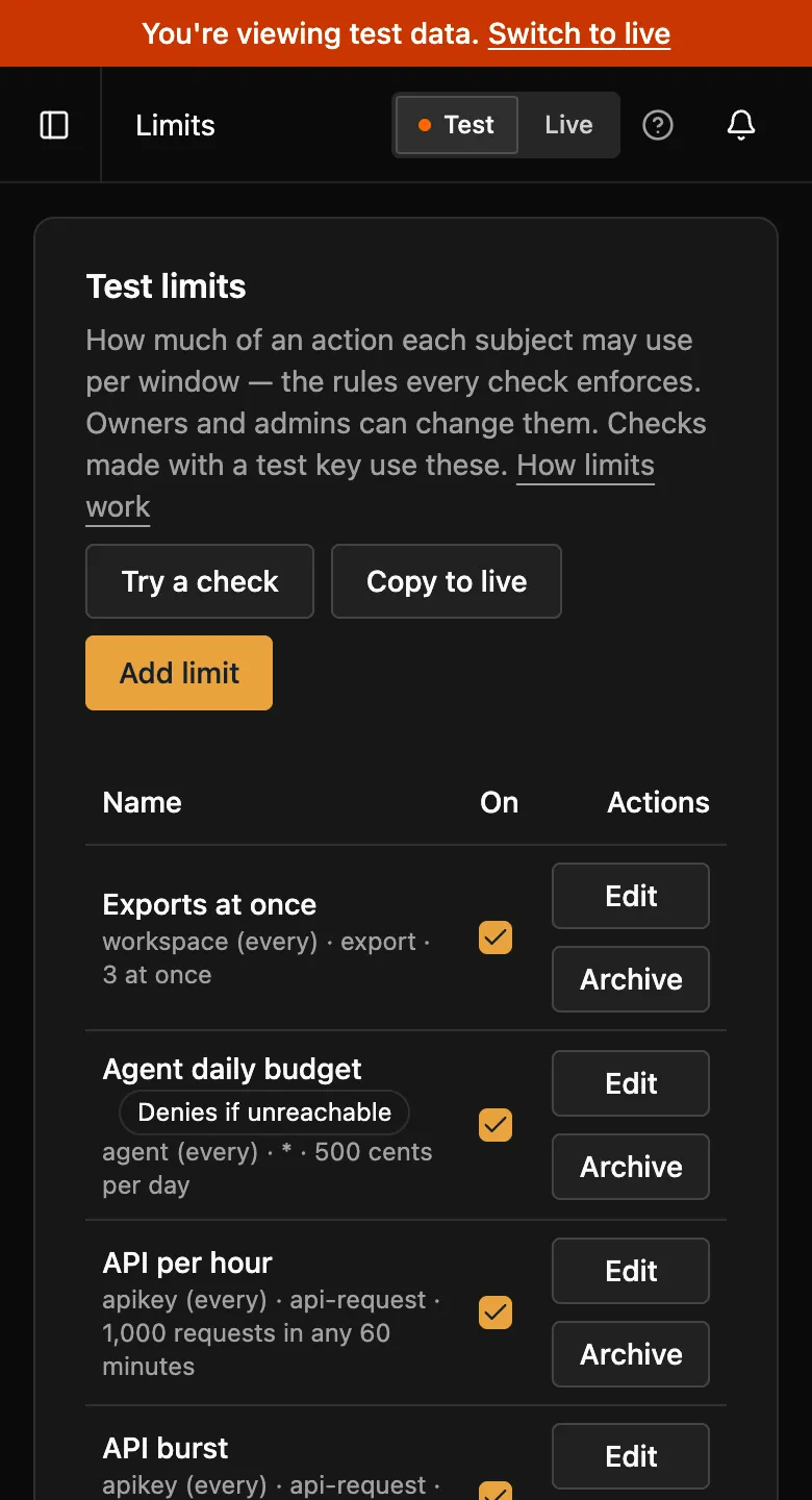 The Limits page in test: an orange bar across the top reads You're viewing test data with a Switch to live link, the toggle at the top right has Test selected, and the Test limits card has Copy to live and Add limit buttons.