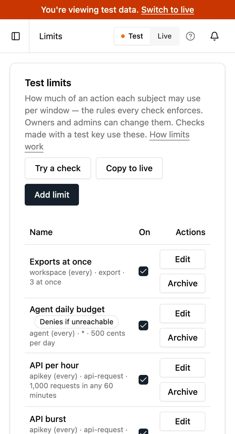 The Limits page in test: an orange bar across the top reads You're viewing test data with a Switch to live link, the toggle at the top right has Test selected, and the Test limits card has Copy to live and Add limit buttons.